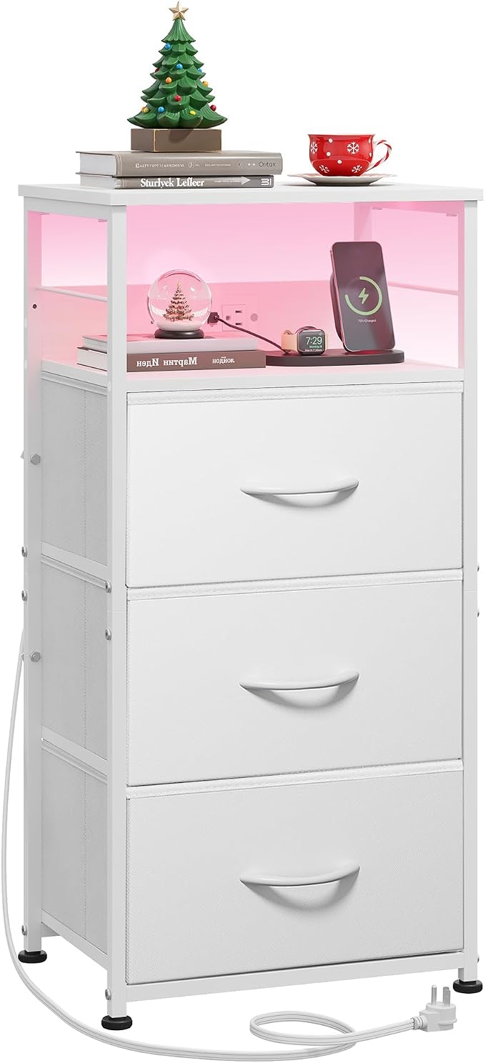 WLIVE Nightstand with Charging Station, 31.9" H Nightstand with 3 Fabric Drawers by WLIVE