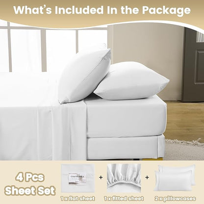 Full Sheet Set - 4 Piece Silky Ultra Soft Breathable Bed Sheet Set, 16" Deep Pocket for Mattress,Hotel Luxury Clearance Full Size Sheet Sets & Wrinkle Free,Easy Care Cooling Bedding Sheets（White）