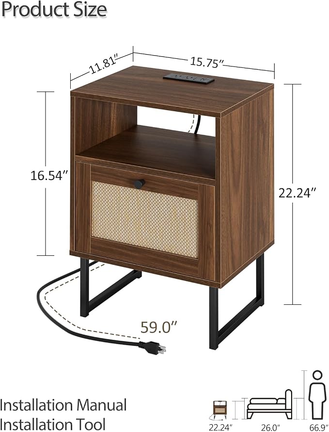 Masupu Rattan Nightstand with Charging Station, Modern Boho Farmhouse Wood - Image 2