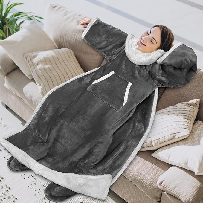 PAVILIA Sherpa Blanket with Sleeves, Foot Pocket for Women Men Adults, Thick Wearable Blanket Throw Wrap, Fleece Warm Snuggle Blanket Robe, Cozy Gift Ideas Wife Mom, Dark Gray