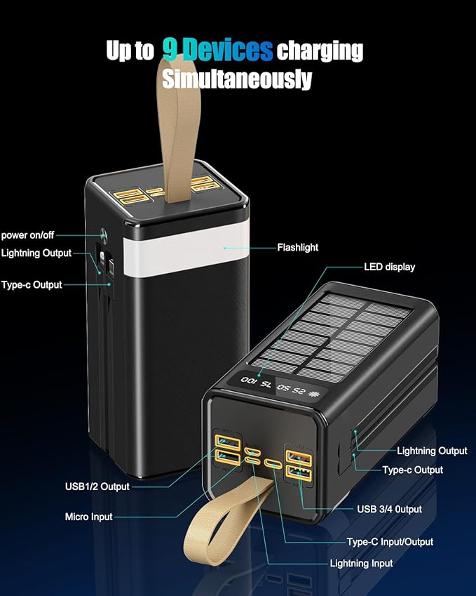 Feidyns 90000mAh Solar Battery Charger, 35W Fast Charging Solar Power Bank,Built-in USB-C/Lightning Cables for Camping,Travel,Emergencies,Tech Devices| 9-Port PD/USB-C, LED Flashlight