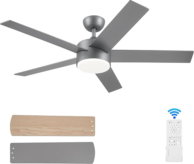 POCHFAN 52 inch Ceiling Fans with Lights and Remote Control Silver, Modern Ceiling Fan Dimmable 3 CCT Temperatures 6-Speed, Quiet LED Ceiling Fan for Bedroom, Living Room