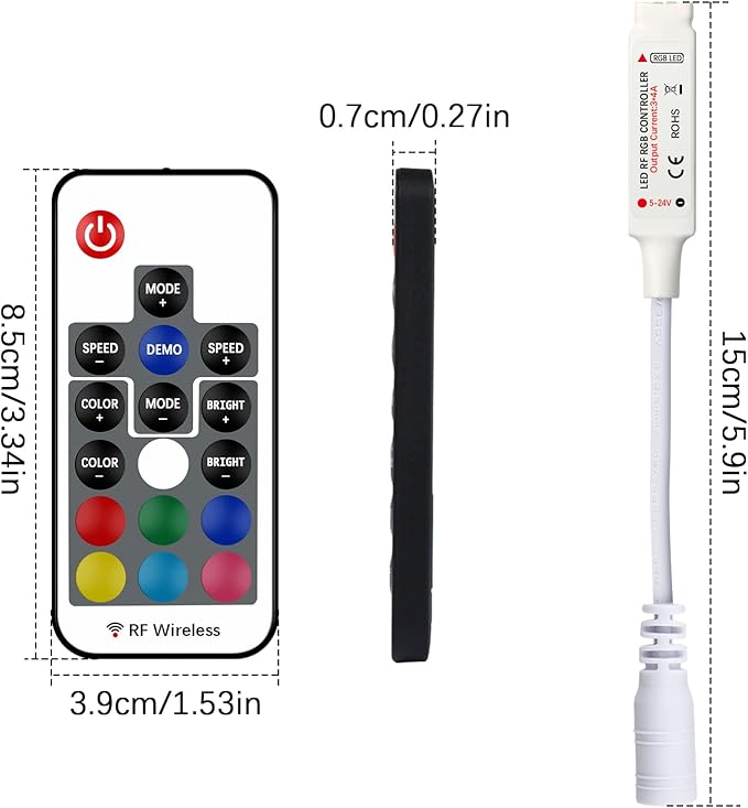 Taoellen RF Wireless Remote LED Controller,DC 5V-24V RGB Controller for 5050 3528 5630 LED Strip Lights,19 Modes 20 Colors Wireless Dimmer,Memory Function,12A Max Load