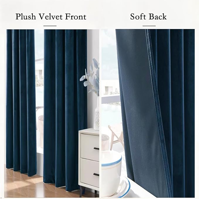 Timeper Dark Blue Velvet Curtains W52 x L84 inches 2 Panels, Back Tab & Rod - Image 4