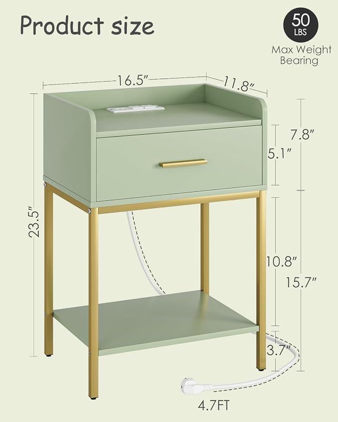 Nightstand with Charging Station, 3-Tier Modern Bedside Table Night Stand with - Image 2
