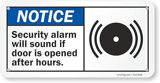 SmartSign 5 x 10 inch “Notice - Security Alarm Will Sound If Door Is Opened After Hours” ANSI Sign with Symbol, Digitally Printed, 55 mil HDPE Plastic, Blue, Black and White, Made in USA