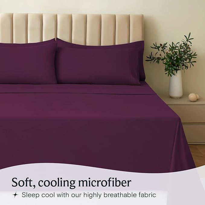 LuxClub 4 PC California King Sheet Set, Deep Pockets Wrinkle Free Cooling Bed Sheets Hotel Bedding for Women, Men, Includes 1 Fitted Sheet, 1 Flat Sheet and 2 Pillowcases-Soft Eggplant