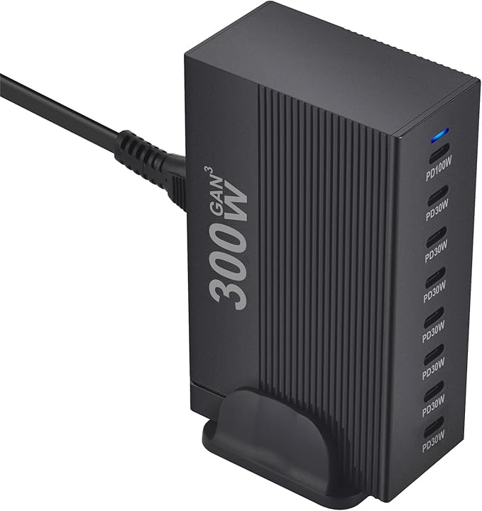 OHLOPL 300W 8-Port GaN PD3.1 Desktop Charging Station | Intelligent Power Allocation, Ideal for Office and Home, Safely Charges Laptops, Phones, Tablets, and Watches