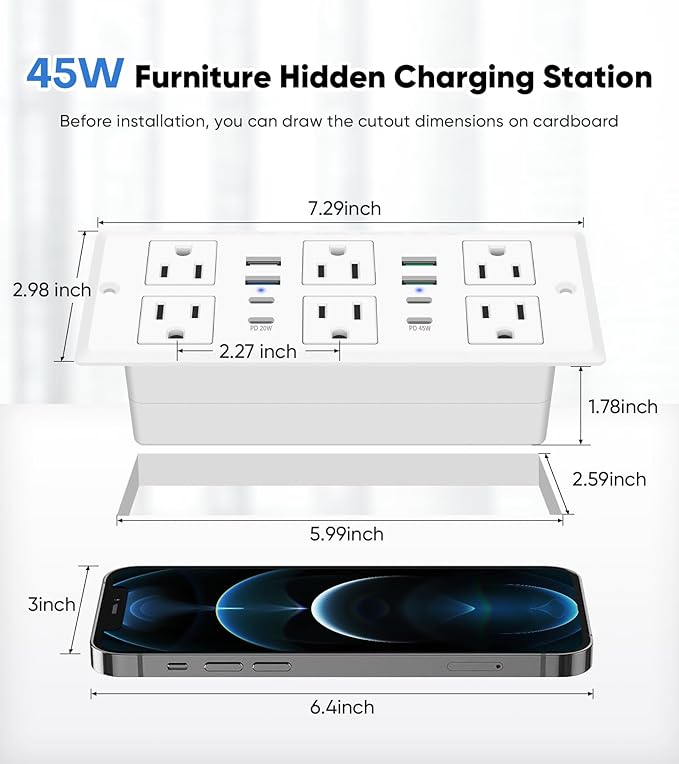 VILONG 14 in 1 Recessed Power Strip with PD 45W USB-C, Flush Mounted Drawer Outlet, 6 Outlets & 8 USB Ports, 45° Flat Plug, 6FT Extension Cord, Conference Desktop Built in Power Strip(White)