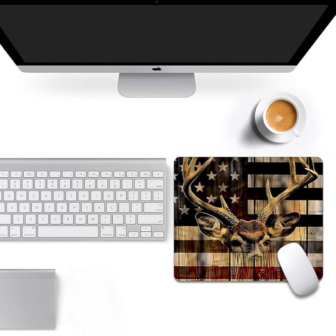 Wood Grain American Flag Hunting Deer Square Mouse pad, Texture, Waterproof, Anti Slip Rubber Base, Computer Mouse pad, Laptop Mouse pad
