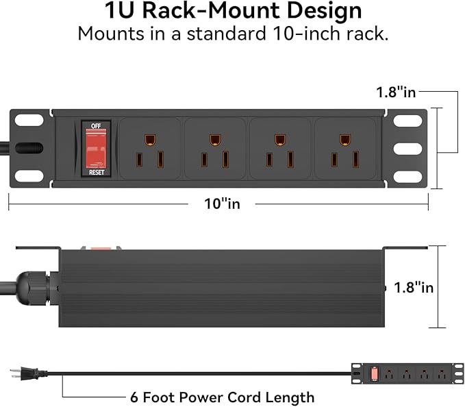 10" Rack PDU- 1U (4Outlets) 10-inch Mini Rack Power Distribution Unit with Protection (125V/15A 6ft Cable), Network Cabinet Rack Mount Power Strip (Wall, Desktop, or Server Rack Mountable)