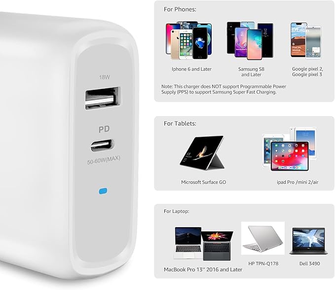 Amazon Basics 68W Two-Port GaN Wall Charger with 1 USB-C (60W) & 1 USB-A Ports (18W) with PD for Laptops, Tablets & Phones (iPhone 16/15/14/13/12/11/X, iPad, MacPro, Samsung, and more), Non-PPS, White