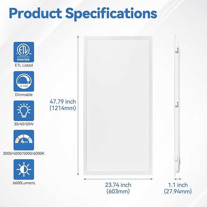 CycevSun 4-Pack 2x4 LED Flat Panel Light Drop Ceiling, 0-10V Dimmable, 40/50/60W Selectable, Up to 6600LM, 4CCT 3000K/4000K/5000K/6000K, 100-277V, ETL Listed, 5-Year Service