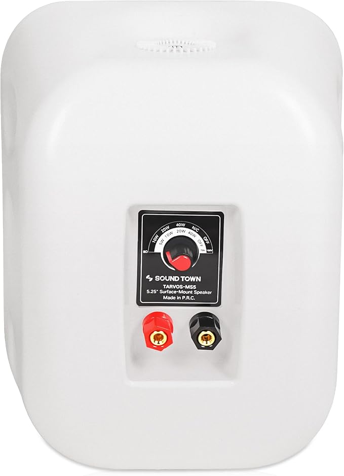 Sound Town Commercial Restaurant Bluetooth Amplifier + Surface-Mount Speaker Set, with One 6-Zone 70V/100V Amplifier with Bluetooth, 4 x 5.25-Inch Surface-Mount Speakers, White (STCA180X4MS5W)