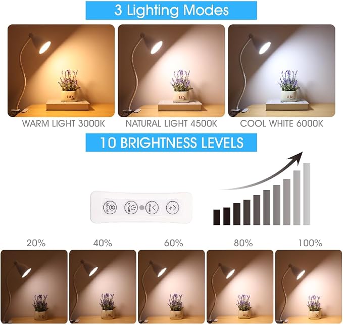 GlowVibe Desk Lamp Eye-Caring 360° Flexible Gooseneck 3 Color Modes 10 - Image 2