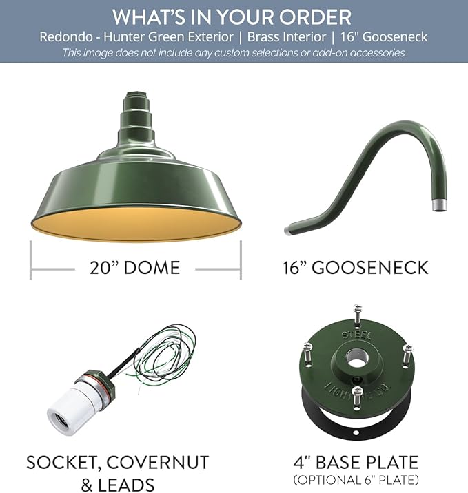 Steel Lighting Co. Large Outdoor Barn Light | Gooseneck Light Fixture | Made in America from 18-Gauge Steel | 20" Dome | 16" Gooseneck Hunter Green Exterior/Brass Interior