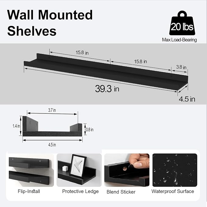 Black Floating Shelves for Wall Decor, 40 in Shelf - Image 3