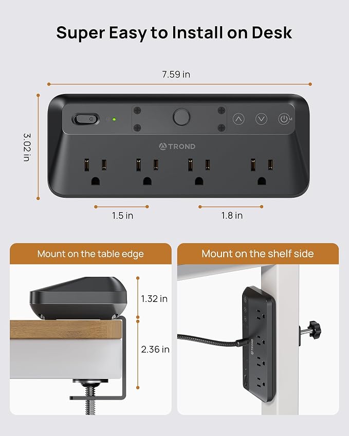 TROND LED Desk Lamp with Clamp Power Strip, 6ft Flat Plug Extension Cord | Eye - Image 6
