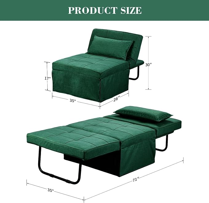 Green Sofa Bed, Convertible Chair 4 in 1 Multi-Function Modern Folding Ottoman - Image 2