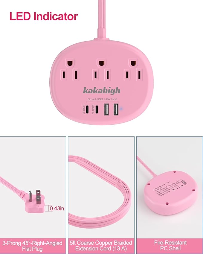 Pink Extension Cord - 10 FT Flat Extension Cord, 1625W Cute Extension Cord with 3 AC Outlet 4 USB (24W/4.8A), Compact for Cute Pink Kawaii Desk Home Essentials