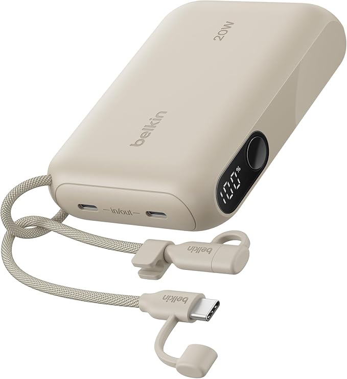 Belkin Portable Charger, Slim USB-C Power Bank 10,000mAh w/ 2 USB-C Ports, Digital Battery Display, 20W Charging Battery Pack - iPhone 17, Air, Pro, Samsung Galaxy S25, Pixel 10, iPad, & More - Sand