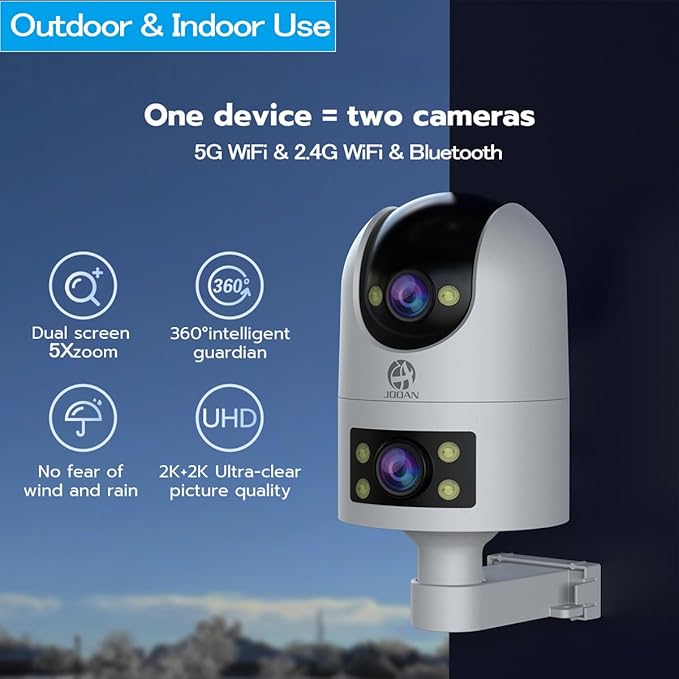 2K Indoor Cameras for Home Security, Dual-Lens Security Camera 360° PTZ for Baby Monitor Pet Cam, Built-in Spotlight, Night Vision, Motion Detection, 2-Way Audio, 2.4GHz & 5GHz WiFi, Works w/Alexa
