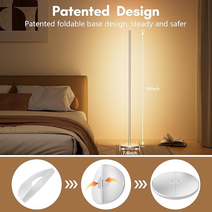 luckystyle Smart RGB Corner Floor Lamp,Bright LED Tall Modern Floor Lamp with APP and Remote,Ambient Lighting Color Changing Standing Lamps with Music Mode and Timing for Living Room,Bedroom Silver