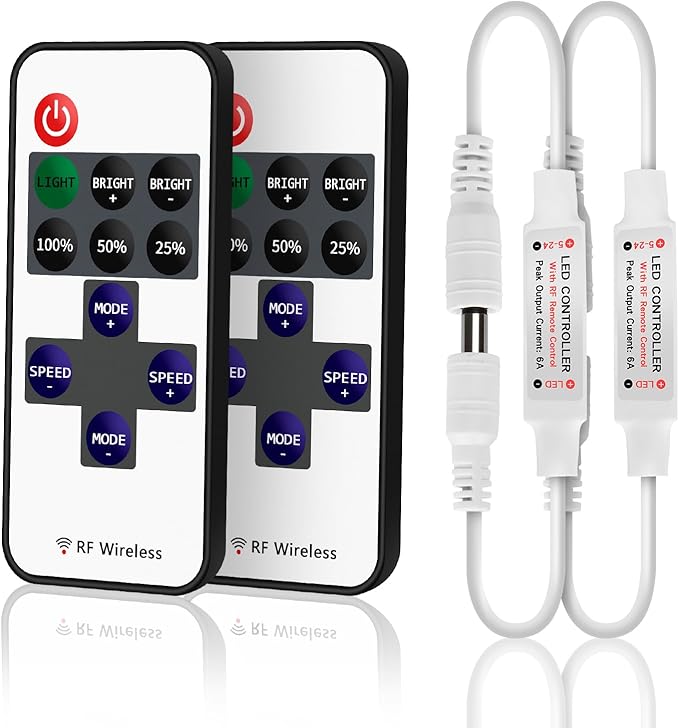 RGBZONE 2 Pack Mini RF LED Dimmer, Single Color Controller for 5050 3528 5630 Strip Lights, DC5V/DC12V/DC24V Single Channel LED Controller, 11-Keys RF Wireless Remote Control