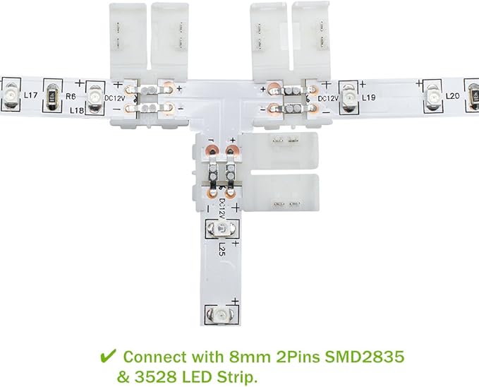 LightingWill 10pcs/Pack T Shape Solderless Snap Down 2Pin Conductor LED Strip Connector for Quick Splitter Connection of 8mm Wide 3528 2835 Single Color Flex LED Strips