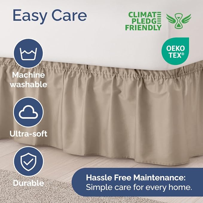 Wrap Around Dust Ruffle Bed Skirt - Cream - for Queen Size Beds w/ 16 Inch Drop - Easy Fit Elastic Strap - Adjustable Pleated Bedskirt w/Brushed Fabric, Wrinkle & Fade Free Women, Men, Kids & Teens