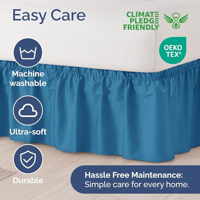 Wrap Around Dust Ruffle Bed Skirt - Denim Blue - for King Size Beds with 15 Inch Drop - Elastic Strap - Adjustable Pleated Bedskirt with Brushed Fabric and Wrinkle Free - for Women, Men, Kids & Teens