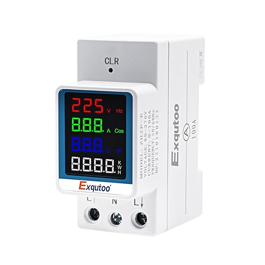 Exqutoo Multi-Function Energy Meter Color Digital Energy Meter - Measurement of AC Volts, Amps, Hertz, Watts, PF and Kilowatt-Hours - GT2P-E, AC 80~270V, 0~100A, 0~25KW, 50/60Hz, Rail-Mounted Meter