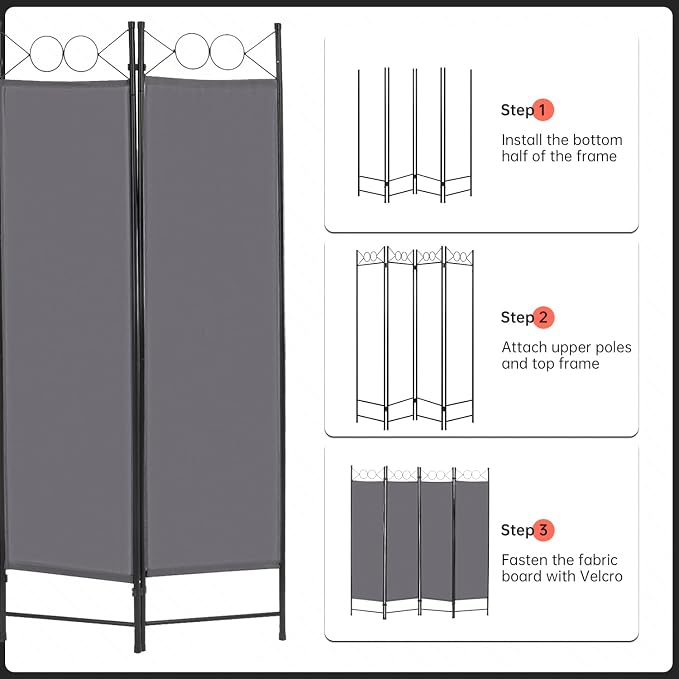 4 Panel Room Divider 6FT Steel Frame Screen Folding Privacy Divider - Image 2