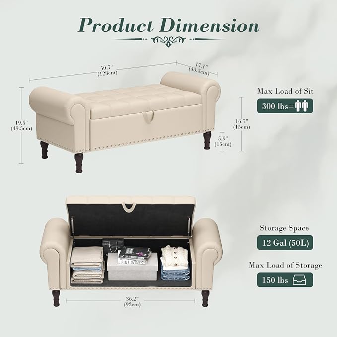 Apicizon 51” Bench with Storage, Faux Leather Ottoman Bench with Rolled Arm & - Image 2
