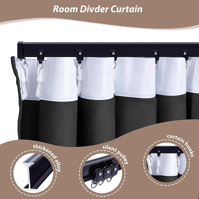 Room Divider Curtains with Ceiling Curtain Track Set Window Curtain for Bedroom,Living Room Total Blackout Thermal Insulated Privacy Ceiling Track Curtain W 12 × H 7 FT Grey drape&Black track