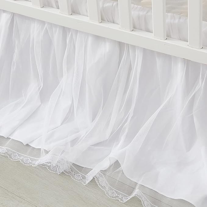 Brandream Crib Bed Skirt for Baby Girls Boys White Lace Tulle Ballerina Girls Dust Ruffle Double Layered with Solid Cotton Toddler Bedskirt
