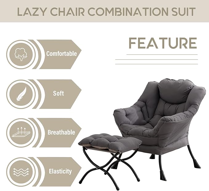 Lazy Chair with Ottoman, Comfy Accent Reading Chair, Dark Grey | Foldable - Image 4