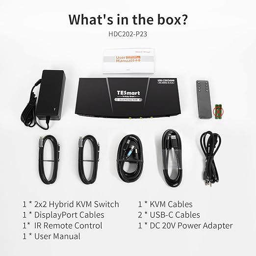 TESmart MST USB-C/HDMI/DP KVM Switch 2 Monitors 2 Computers, USB 3.0 KVM Dual Monitor for Laptop&Desktop, 4K@60Hz, 60W PD, Gigabit Network, Hotkey Switch, with Input Cables