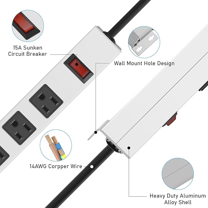 JUNNUJ Metal 12 Outlet Power Strip, Mountable Heavy Duty Power Strip, 1200J Surge Protector Wall Mount Screws Outlet with Switch, Gaming Desk Strips Wide Spaced 15A 125V 1875W, 6 FT 14AWG Power Cord