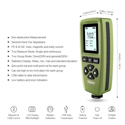 Mil Thickness Gauge, Coating Thickness Gauges, ERAY Paint Depth Gauge Meter with Backlight LCD Display for Car Automotive, Limit Alarm/Data Storage/Export Data/PC Software Analysis (Green)