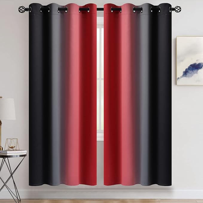 COSVIYA Grommet Room Darkening Ombre Red and Black Curtains W52xL72 inch | Red - Image 2