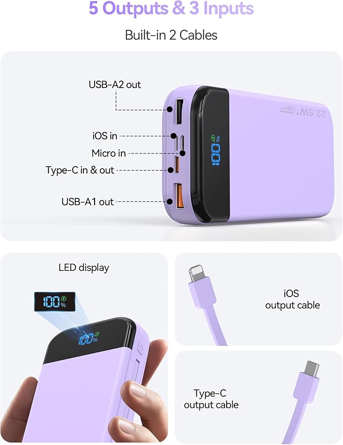 LENGSUM Portable Charger Power Bank Built-in Cables, 32000mAh 22.5W USB C Fast Charging, 5 Outputs 3 Inputs Travel Essentials Battery Pack Compatible with iPhone, iPad, Samsung, Google Pixel, Purple