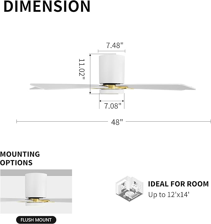 WINGBO 48" DC Flush Mount Ceiling Fan with Lights, 5 Plywood Blades, 6-Speed Reversible DC Motor, 3CCT, Low Profile Hugger Ceiling Fan for Living Room Bedroom Kitchen, White and Brass