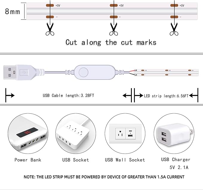 UVTaoYuan LED Strip Lights RGB COB 6.56 FT 1152 LEDs 5V USB Color Changing Short Strip Light,Multi Color TV Backlight with Remote/Button Control/Smart app for DIY Home Decor (6.56FT/2M)