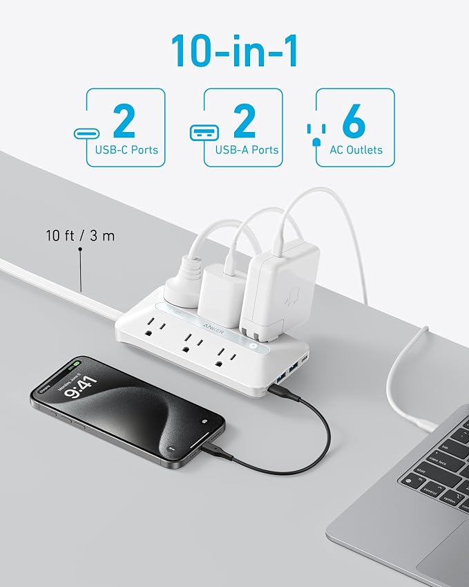 Anker Flat Plug Power Strip, 20W USB-C, 10-in-1 Ultra Thin Power Strip - Image 3