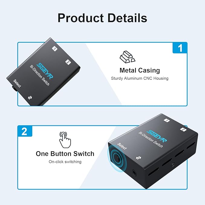 Audio Switch 3.5mm Bi-Direction Switch, Stereo Audio Switcher 2 in 1/1 in 2 Out, Audio Switch Selector for Phone Speakers Headhphone (Black)