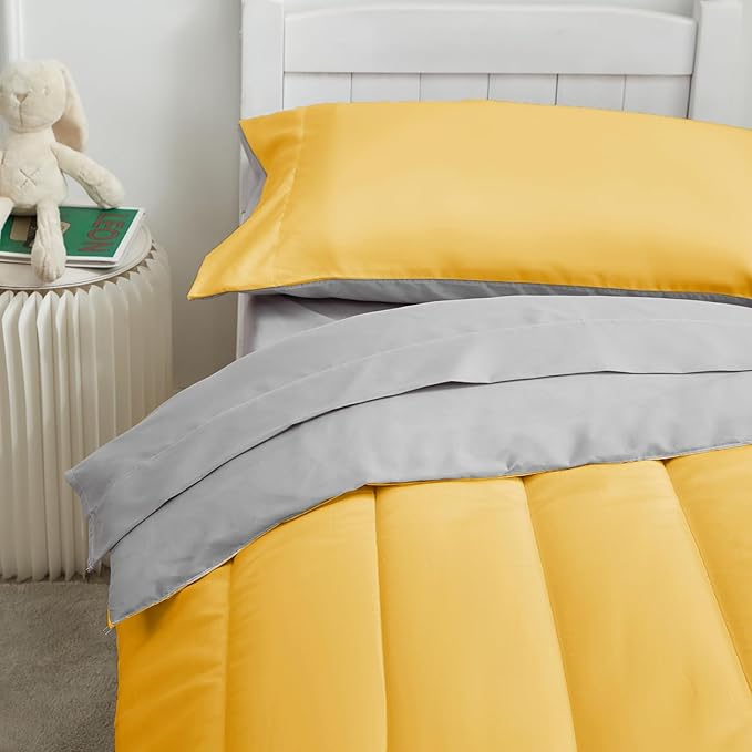 UOZZI BEDDING Yellow 4 Pieces Toddler Bedding Set Ultra Soft and Breathable Toddler Sheet Set - Includes Comforter, Flat Sheet, Fitted Sheet and Pillowcase (Yellow with Gray)
