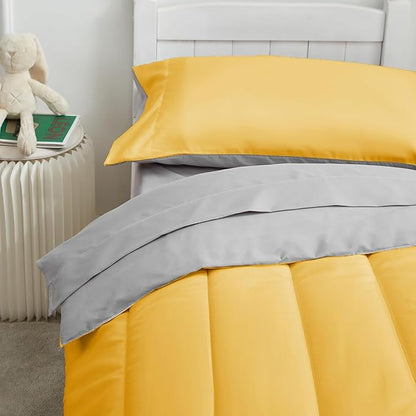 UOZZI BEDDING Yellow 4 Pieces Toddler Bedding Set Ultra Soft and Breathable Toddler Sheet Set - Includes Comforter, Flat Sheet, Fitted Sheet and Pillowcase (Yellow with Gray)