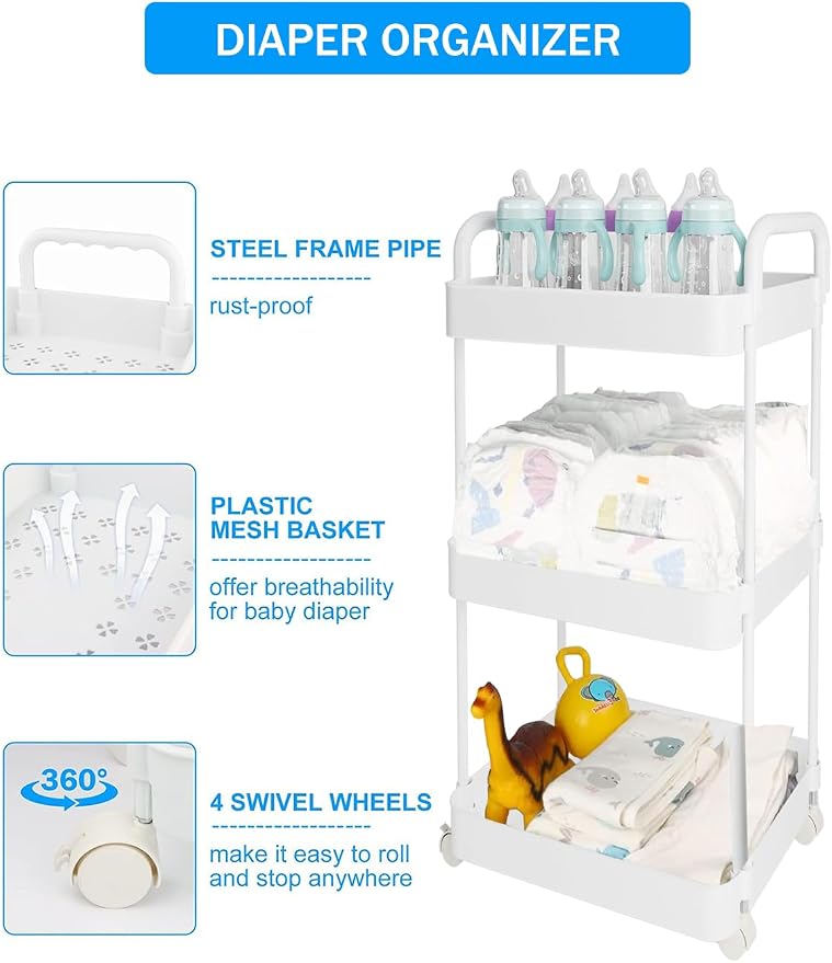 Volnamal Diaper Caddy Cart, 3-Tier Plastic Rolling Cart - Image 3