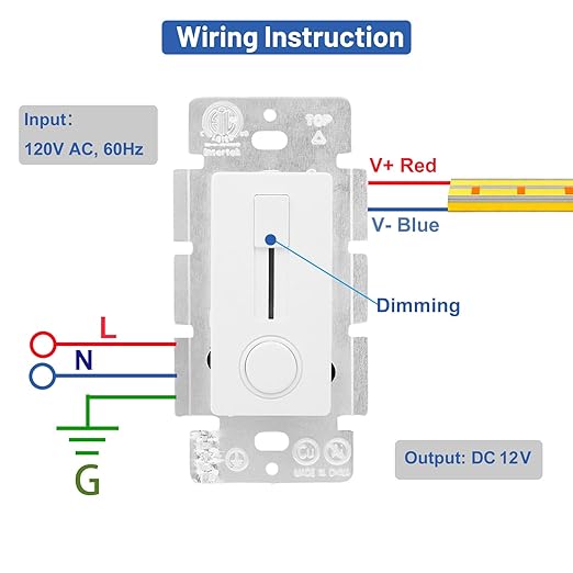 Dimmer Switch and LED Driver Single Integrated Unit, 120V AC to 12V DC, 60Watt Wall Dimmer Switch, Driver and dimmer Switch 2 in 1, for Most Single Color 12V LED Strip Light, 1 Pack